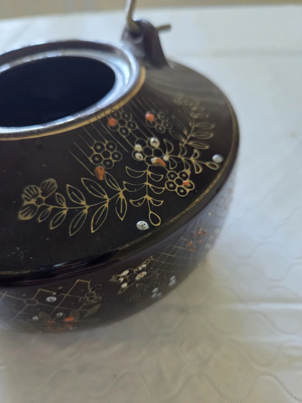 Vintage Black Floral Ceramic Teapot Overhead Metal Handle Tea Pot Cottagecore